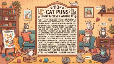Funny and clever cat puns with pawsome wordplay, jokes, captions, and playful ideas for cat lovers
