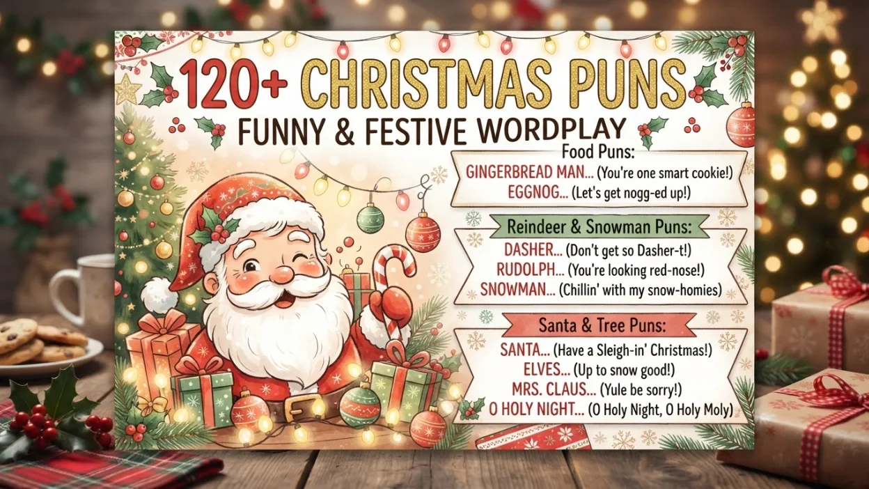 Funny Christmas puns and festive wordplay featuring clever holiday jokes, Santa humor, and cheerful Christmas laughs