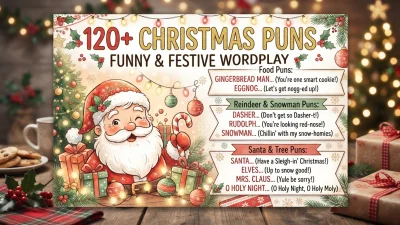 Funny Christmas puns and festive wordplay featuring clever holiday jokes, Santa humor, and cheerful Christmas laughs