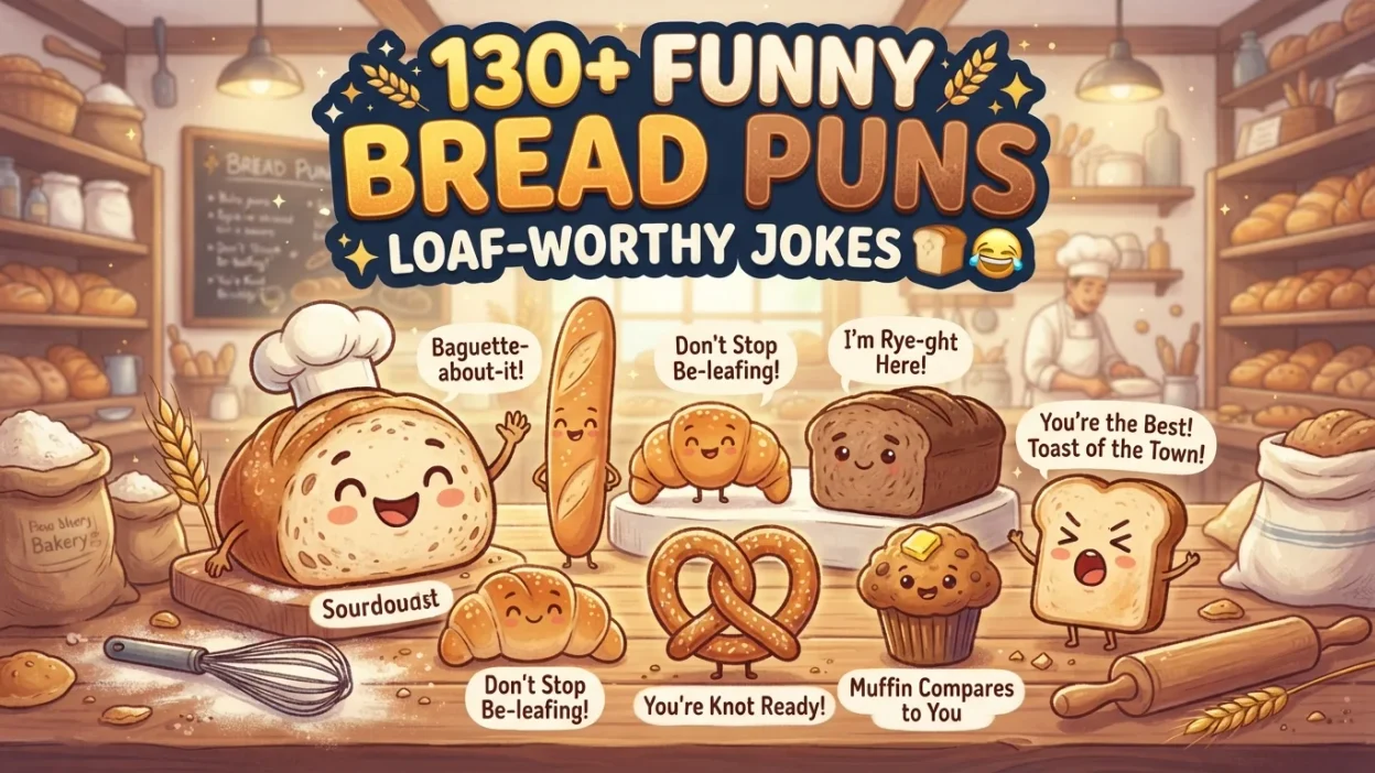 Funny bread puns and loaf-worthy jokes with clever baking wordplay for a fun laugh