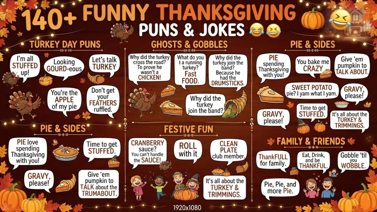 Funny Thanksgiving puns and jokes with clean, clever turkey wordplay for family-friendly holiday laughs