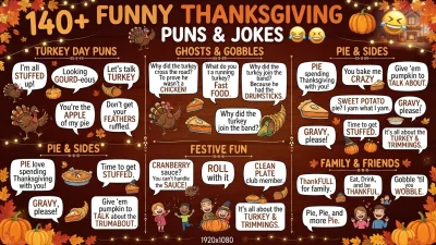 Funny Thanksgiving puns and jokes with clean, clever turkey wordplay for family-friendly holiday laughs