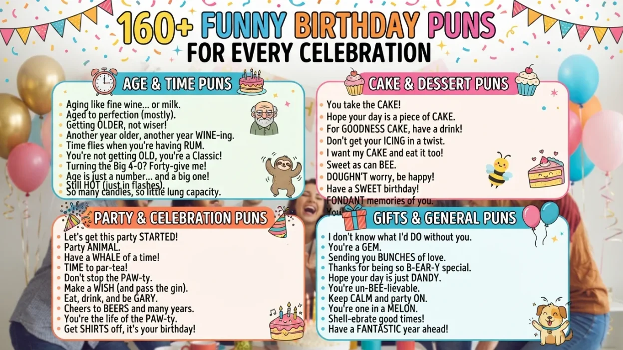 Funny birthday puns for every celebration with clever cake, candle, age, and party wordplay 🎂😂