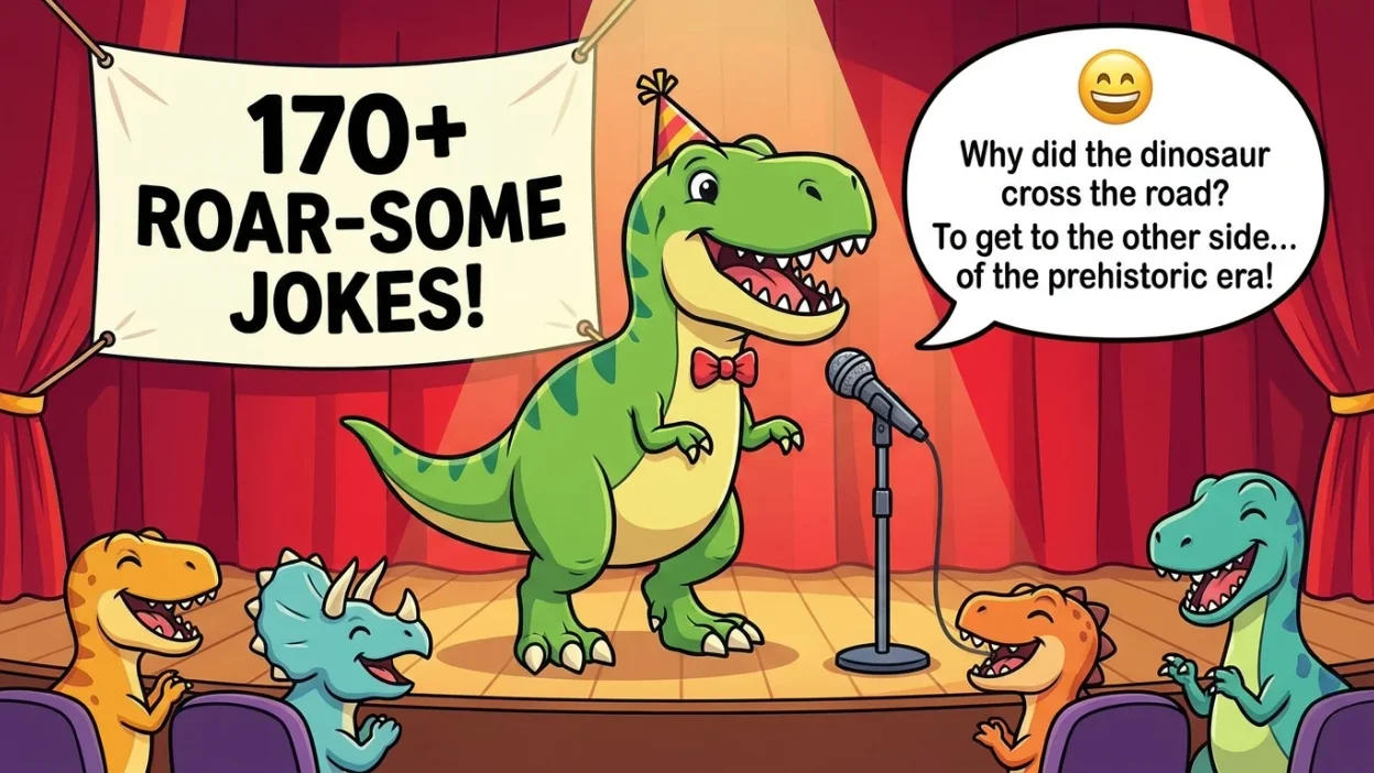 Funny dinosaur puns and roar-some jokes with clever prehistoric wordplay for kids, families, and dinosaur fans