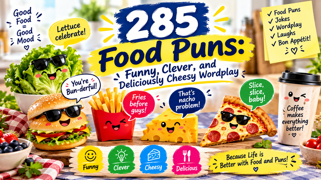 285 funny food puns with clever, deliciously cheesy wordplay, hilarious jokes, and tasty humor for food lovers