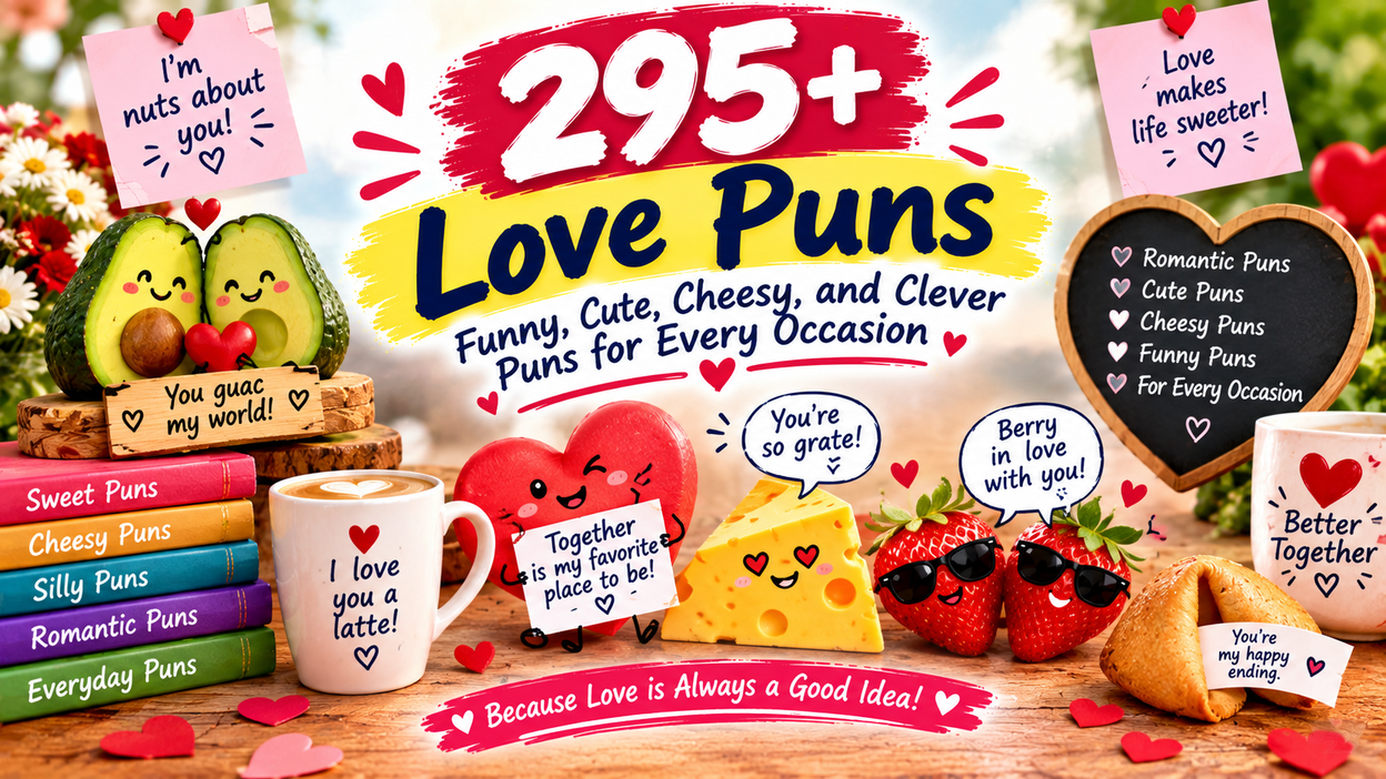 295+ love puns with funny, cute, cheesy, and clever wordplay for couples, romantic messages, captions, and every occasion