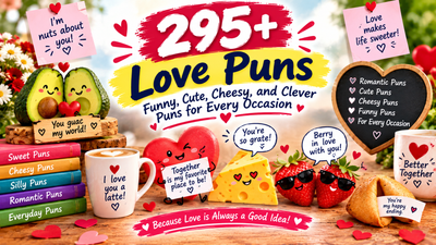 295+ love puns with funny, cute, cheesy, and clever wordplay for couples, romantic messages, captions, and every occasion