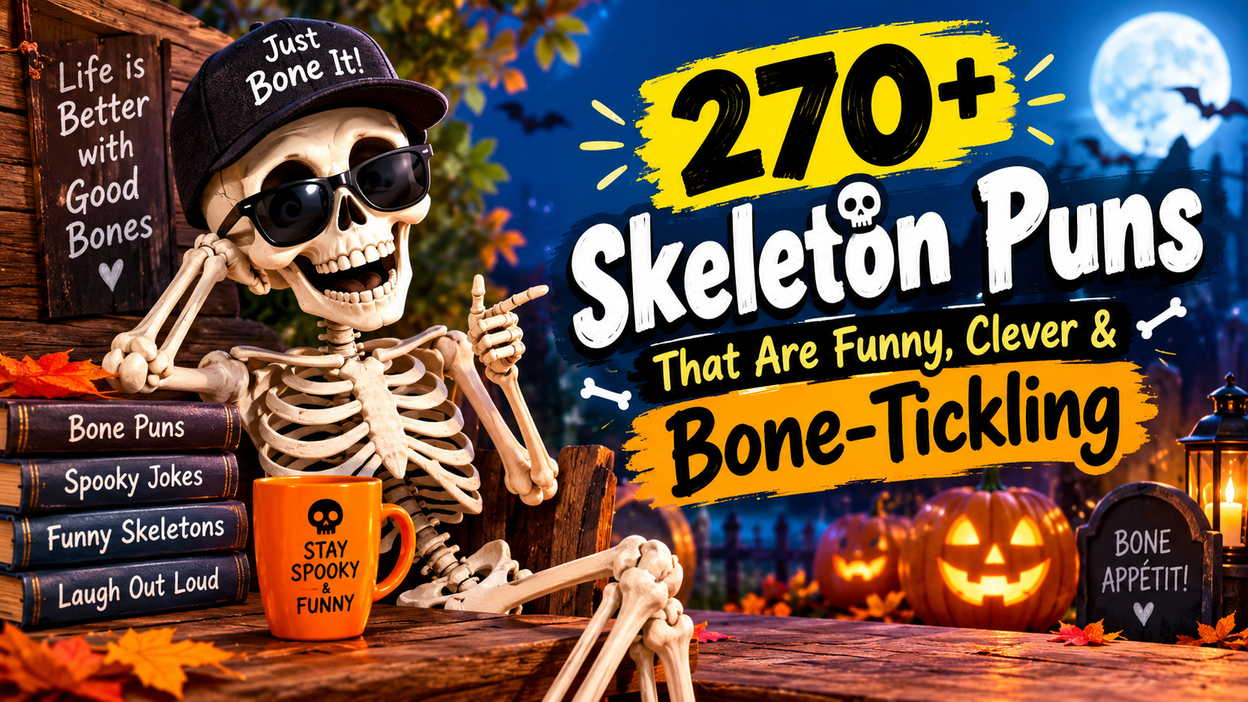 270+ funny skeleton puns with clever bone-tickling wordplay, spooky jokes, and hilarious humor