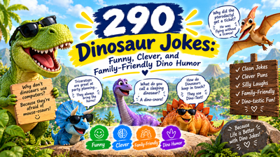 290 funny dinosaur jokes with clever punchlines, family-friendly dino humor, and prehistoric laughs for all ages