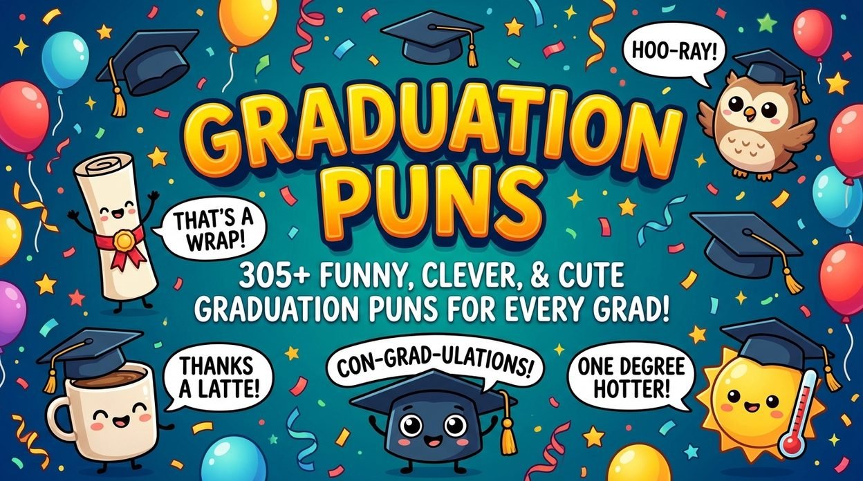 305+ funny graduation puns with clever, cute wordplay to celebrate graduates, academic achievements, and new beginnings 🎓