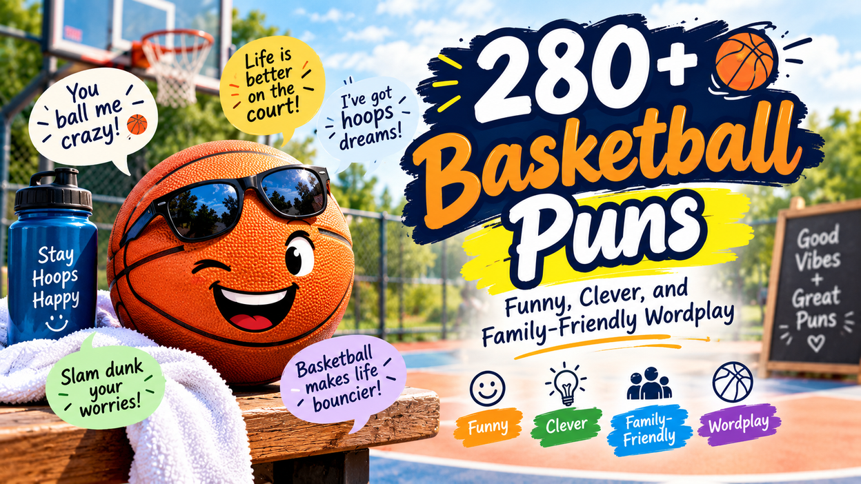 280+ funny basketball puns with clever, family-friendly wordplay, hilarious jokes, and court-inspired humor