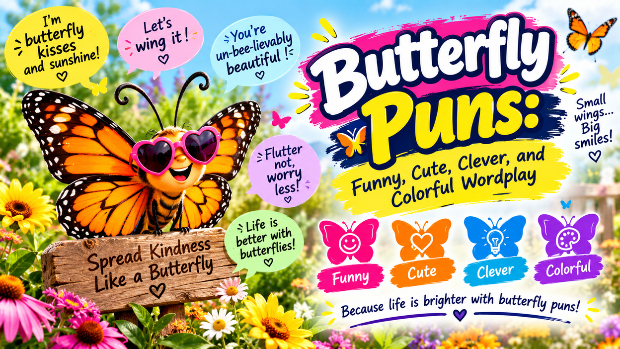 Funny butterfly puns with cute, clever, and colorful wordplay for nature lovers, captions, and playful laughs