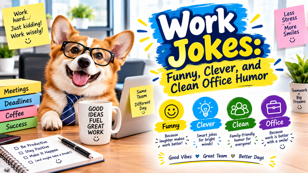 Funny work jokes with clever punchlines and clean office humor for coworkers, teams, and workplace laughs